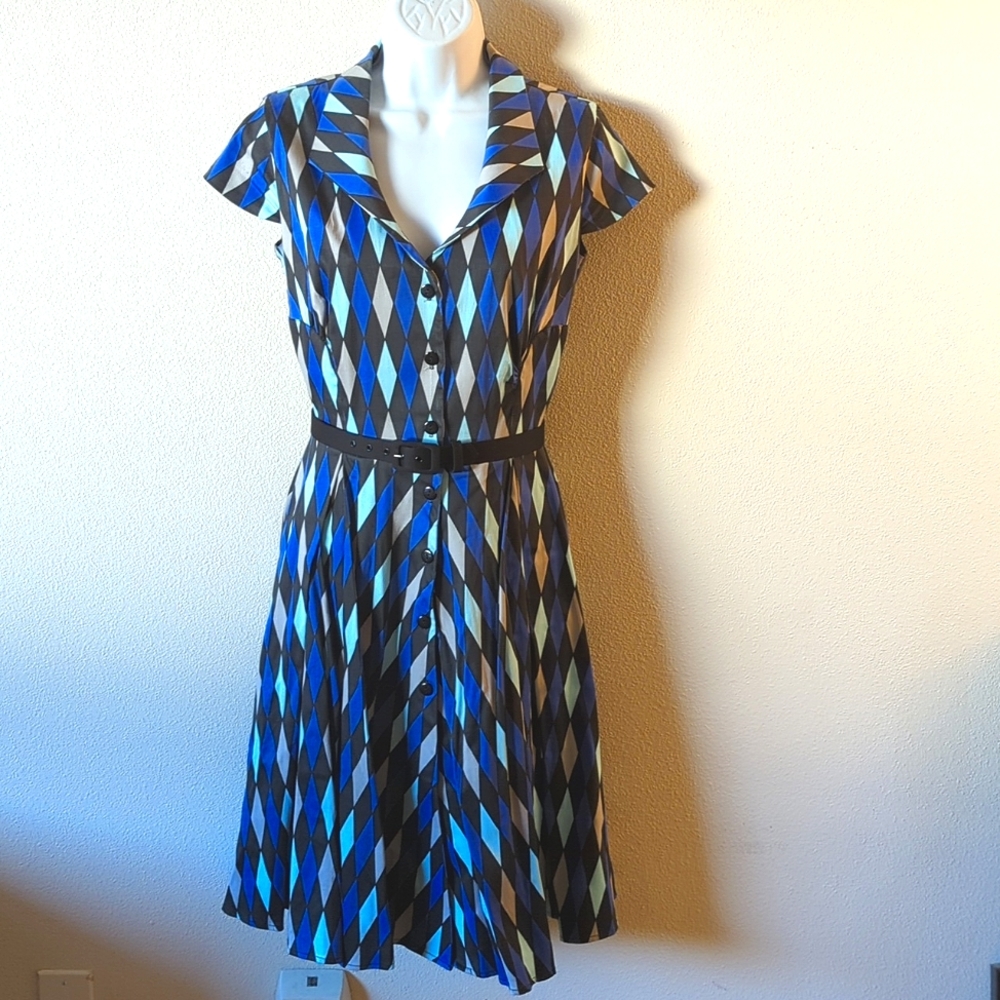Pinup Couture Blue and Black Geometric Midi Dress